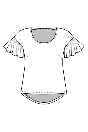 Forget-me-not Lola blouse view with ruffle sleeve and scoop neck, line drawing of front view