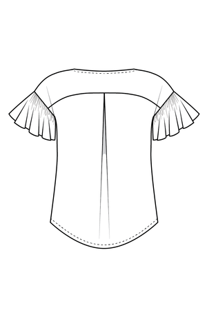 Forget-me-not Lola blouse view with ruffle sleeve and scoop neck, line drawing of back view