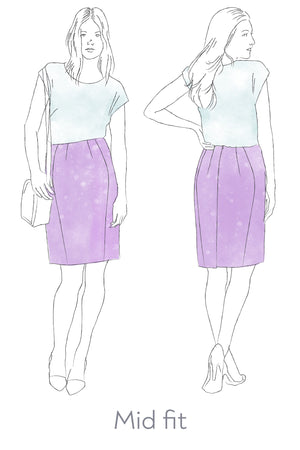 Forget-Me-Not Sabrina perfect fit short pencil skirt pattern, illustration of mid fit front and back