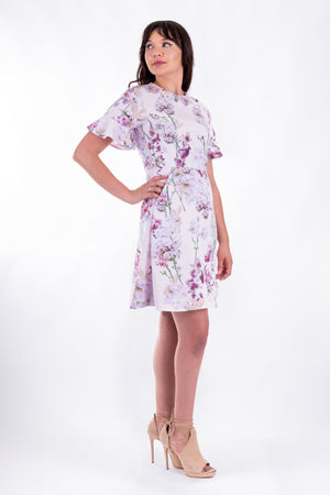 Forget-Me-Not Valerie short sleeve dress pattern in floral print, full-length side shot