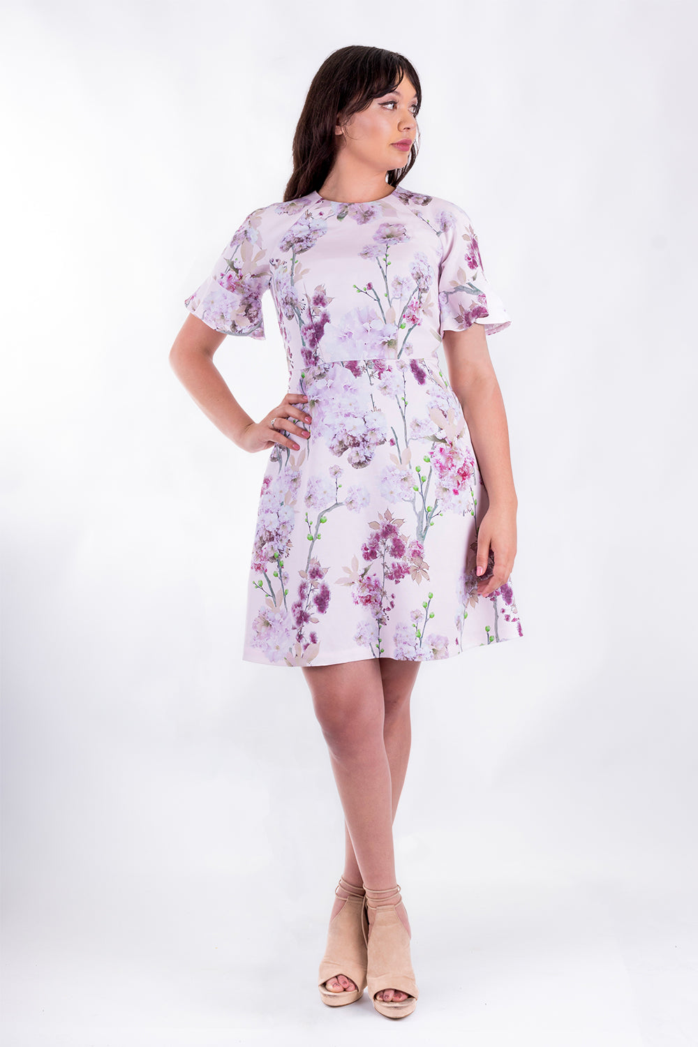 Forget-Me-Not Valerie short sleeve dress pattern in floral print, full-length front shot