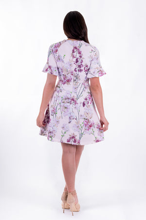 Forget-Me-Not Valerie short sleeve dress pattern in floral print, full-length rear shot