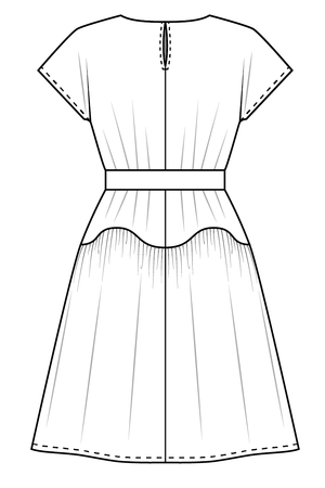 Forget-Me-Not Gemma tie belt pattern and April dress, line drawing of back view