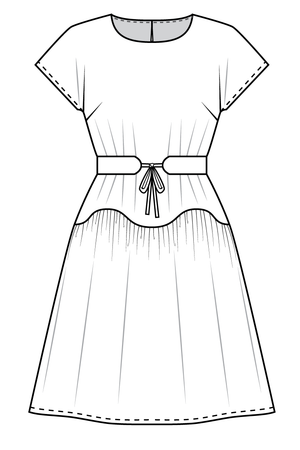 Forget-Me-Not Gemma tie belt pattern and April dress, line drawing of front view