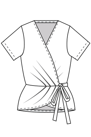 Forget-Me-Not Adeline wrap short sleeve shirt pattern: line drawing of shirt, front view