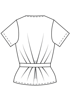 Line drawing of Forget-Me-Not Adeline short sleeve wrap shirt pattern, rear view